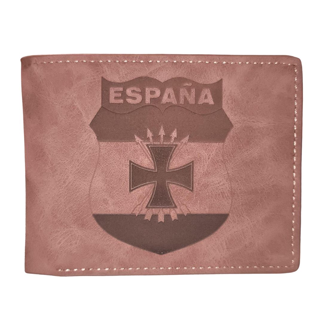 Split leather wallet Ubrique Spanish flag tricolor brown green and bullfighting seal