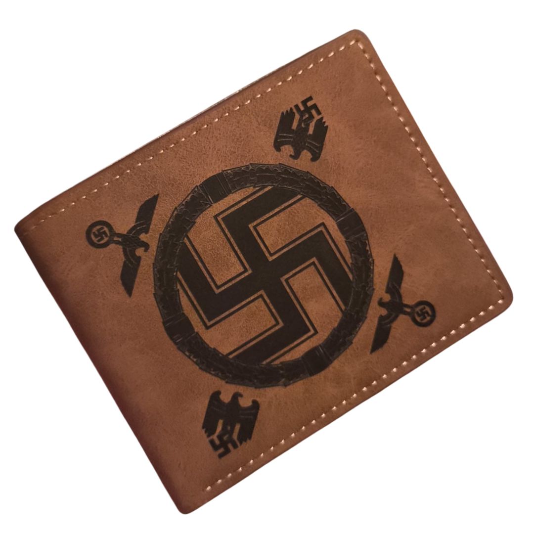 Split leather wallet Ubrique Spanish flag tricolor brown green and bullfighting seal