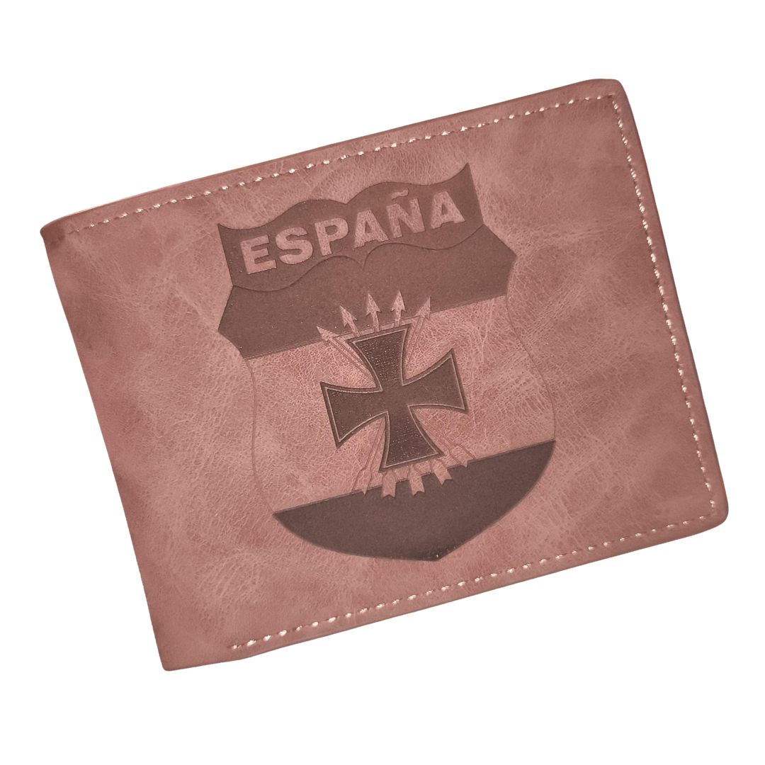 Split leather wallet Ubrique Spanish flag tricolor brown green and bullfighting seal