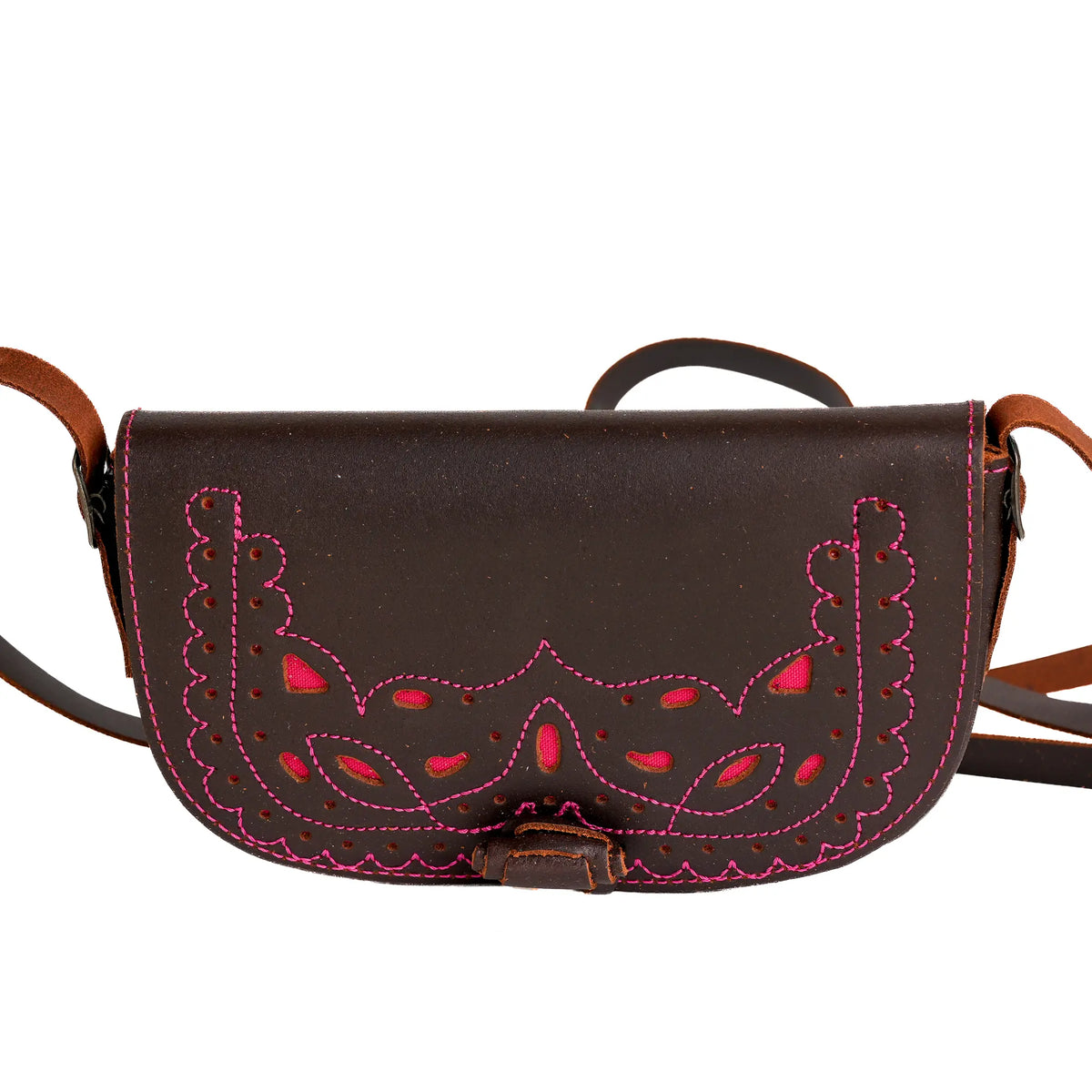 Comprar Bolso bandolera artesanal de piel con pespuntes fucsia · Convertible en riñonera La Flamenca de Borgoña Bandera España