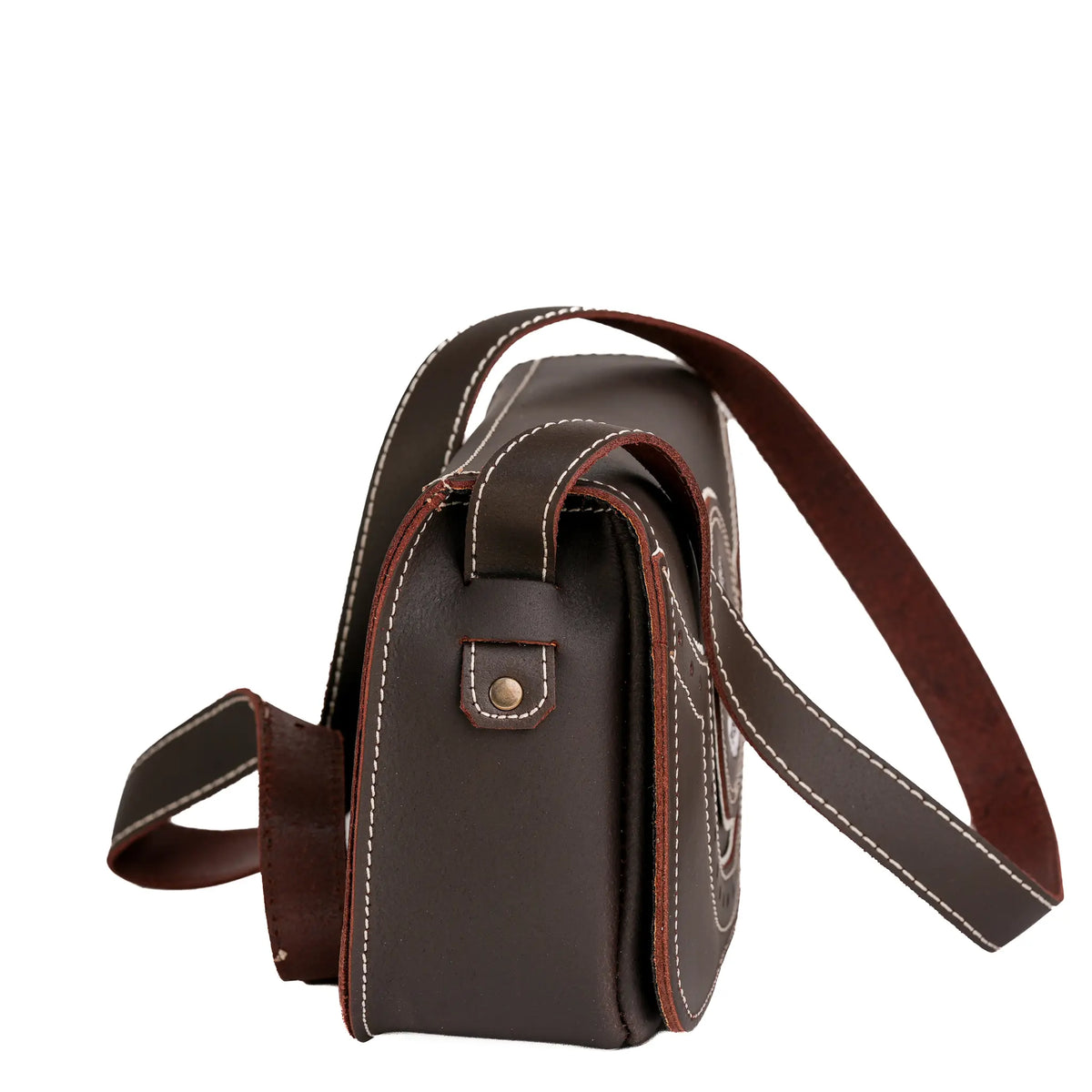 Comprar Bolso bandolera campero Virgen del Rocío piel marrón oscuro La Flamenca de Borgoña Bandera España