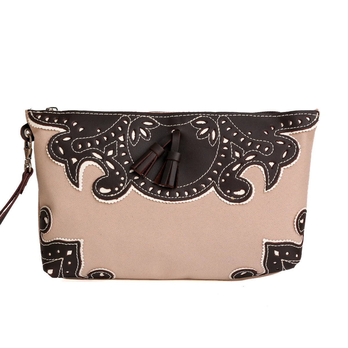 Comprar Bolso de mano campero de loneta camel y piel marrón con borlas La Flamenca de Borgoña Bandera España