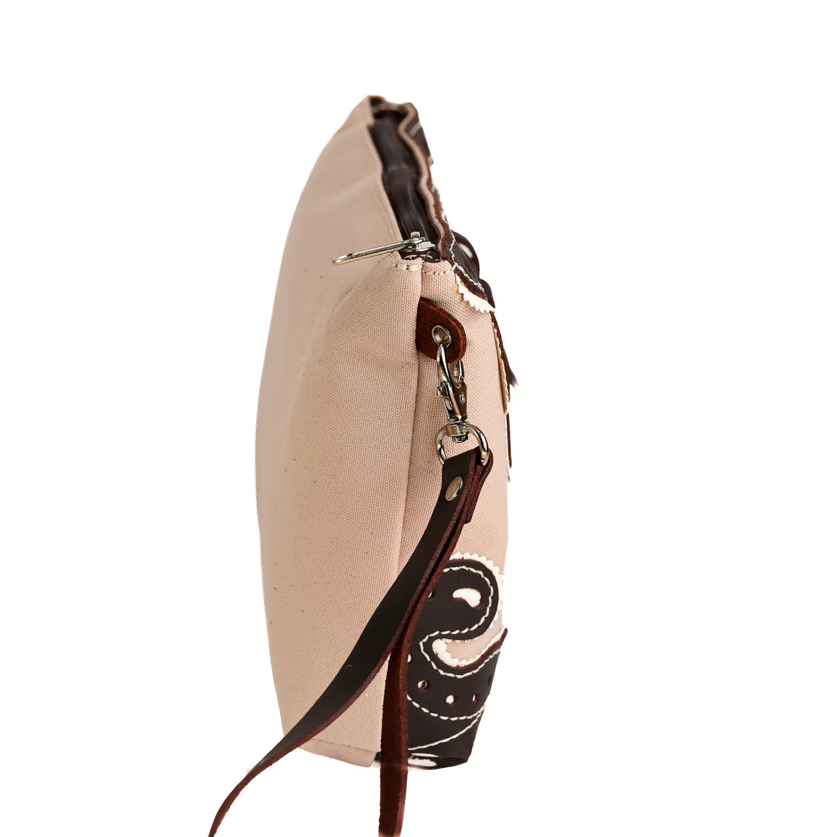 Comprar Bolso de mano campero de loneta camel y piel marrón con borlas La Flamenca de Borgoña Bandera España