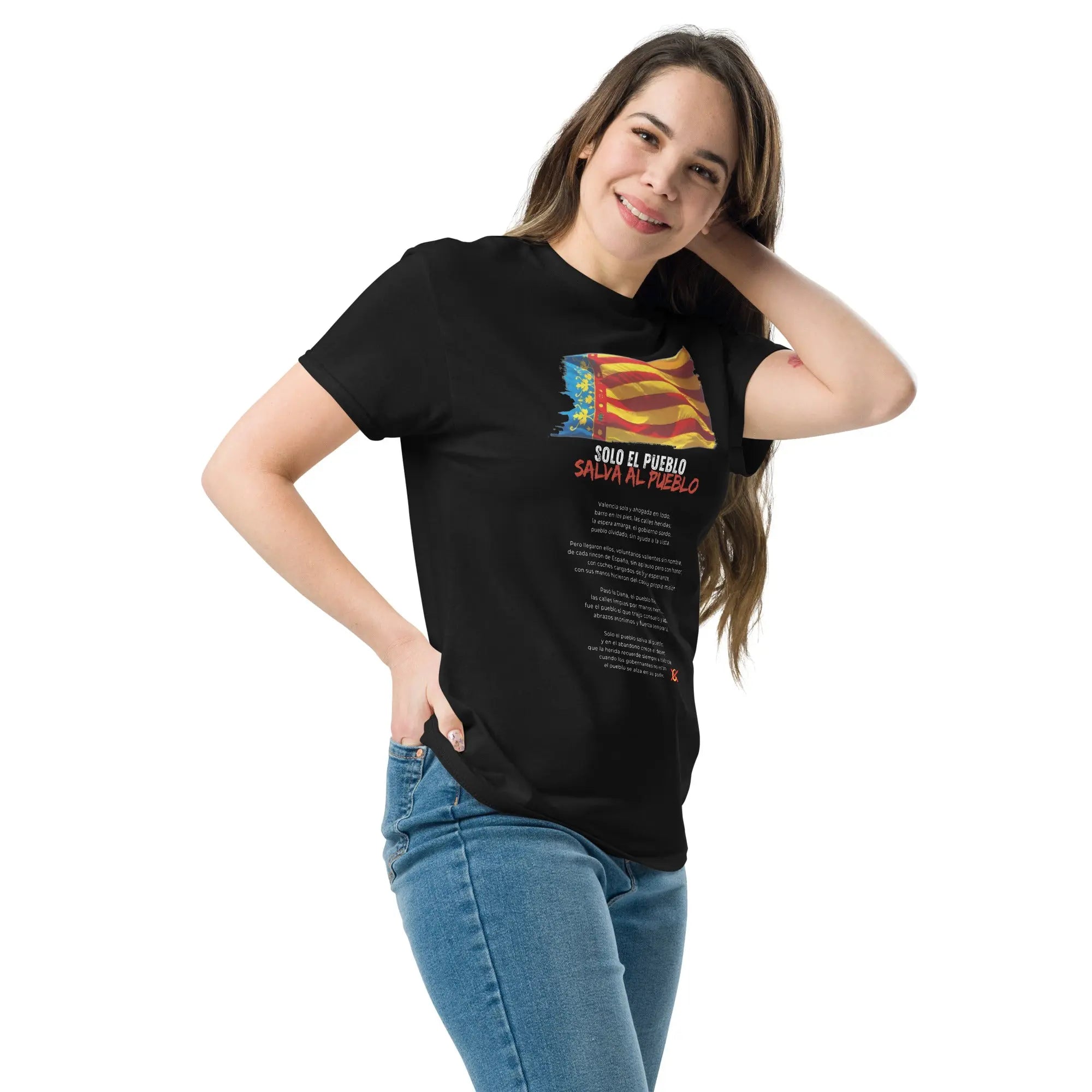 Comprar Camiseta Valencia Solo el pueblo salva al pueblo (con poema) - Manga corta unisex Bandera España La Flamenca de Borgoña Patricia Muñoz VOX