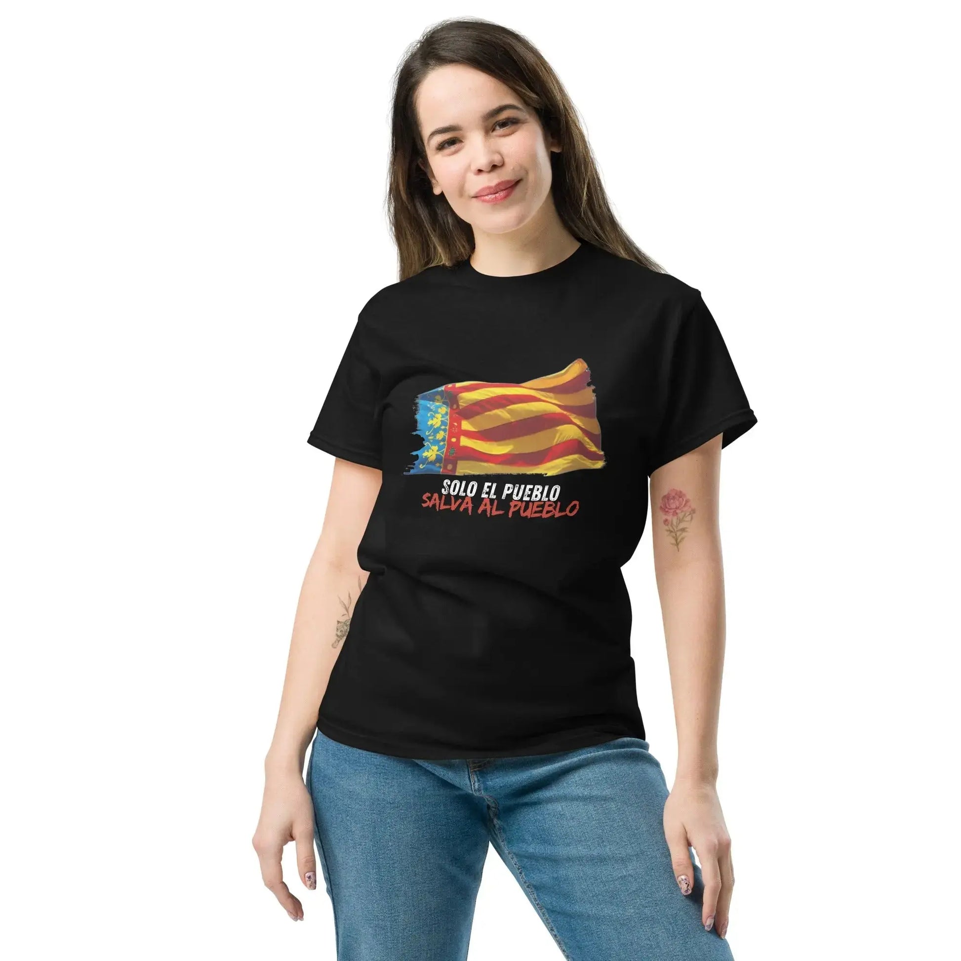 Comprar Camiseta Valencia Solo el Pueblo salva al Pueblo - Manga corta unisex - OFERTA La Flamenca de Borgoña Bandera España