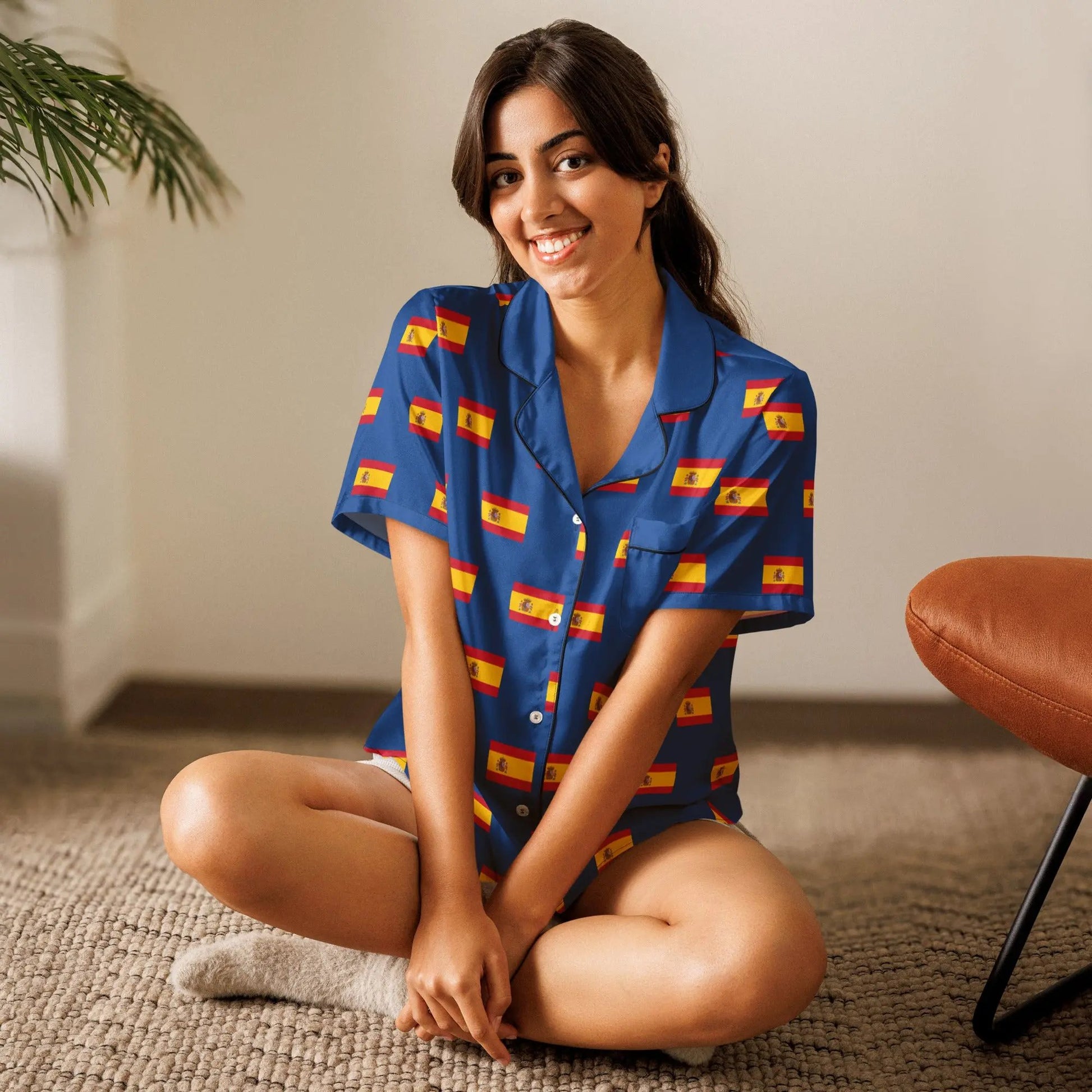 Comprar Camiseta de pijama de manga corta Azul Bandera España con ribete La Flamenca de Borgoña Bandera España