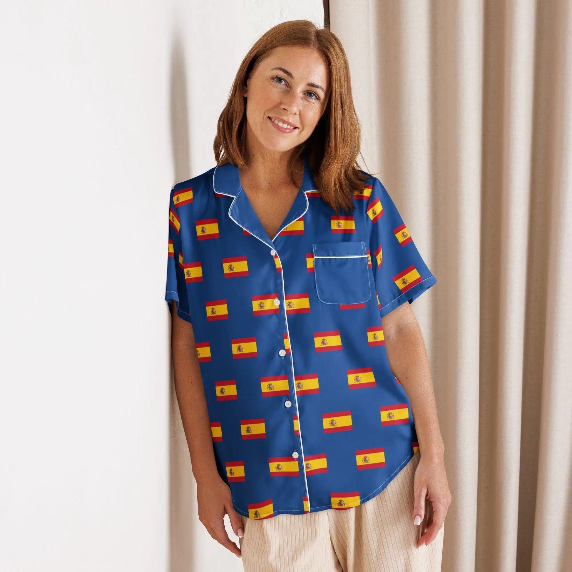 Comprar Camiseta de pijama de manga corta Azul Bandera España con ribete La Flamenca de Borgoña Bandera España