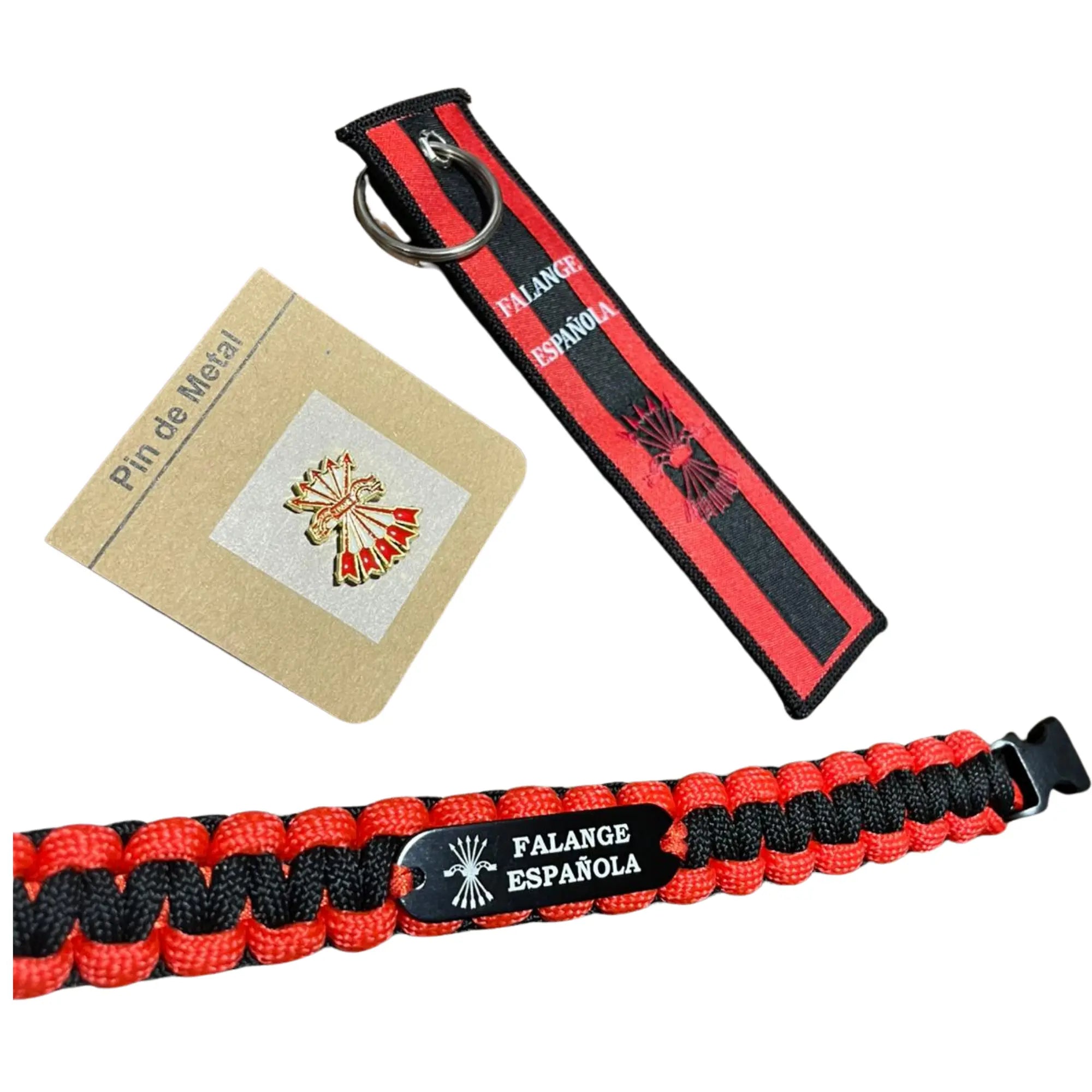 Comprar Lote Falange Española de las Jons: pin, pulsera, llavero Jose Antonio Primo de Rivera La Flamenca de Borgoña Bandera España