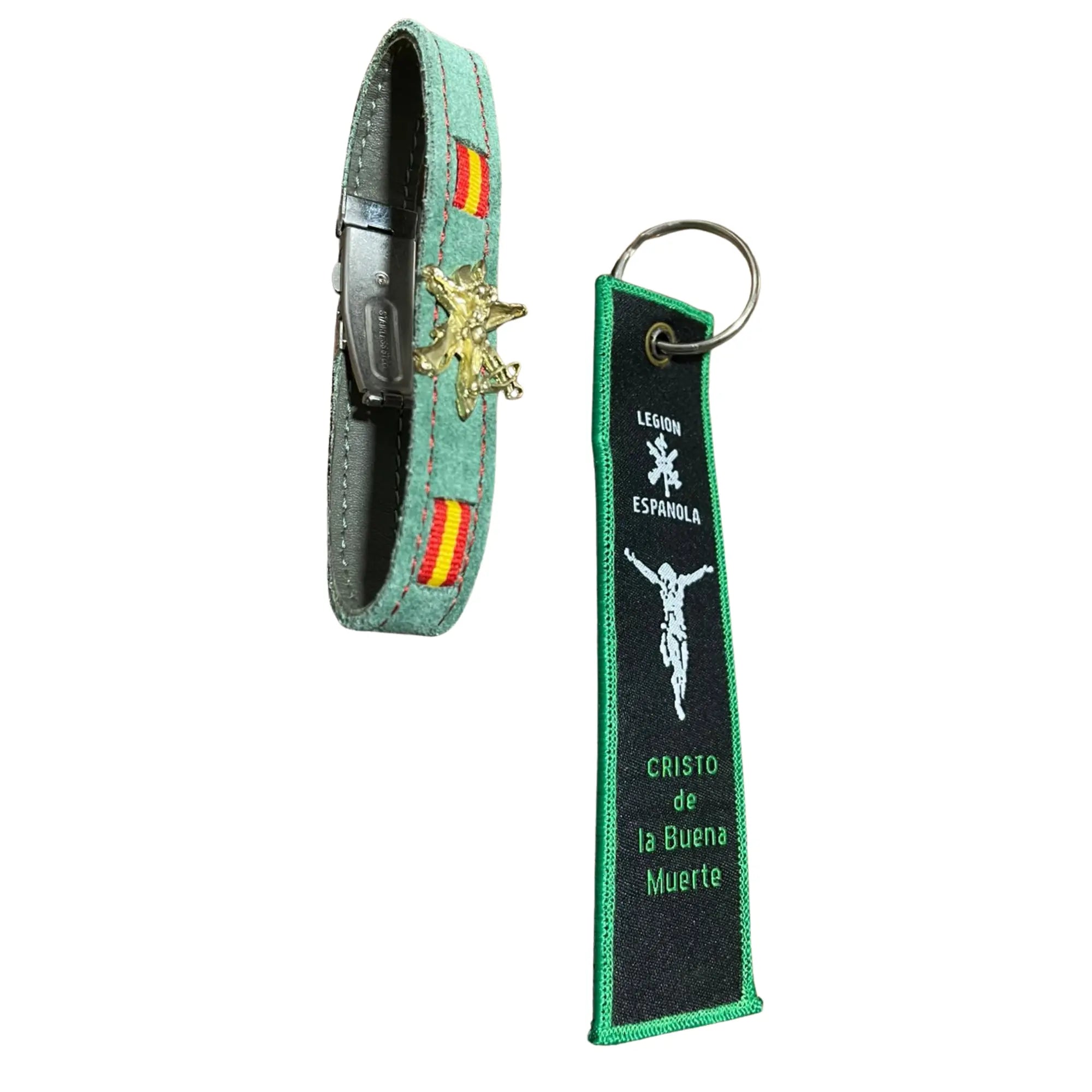 Comprar Lote Legión Española: pulsera de piel Cristo de la Buena Muerte y llavero “Novios de la muerte” La Flamenca de Borgoña Bandera España