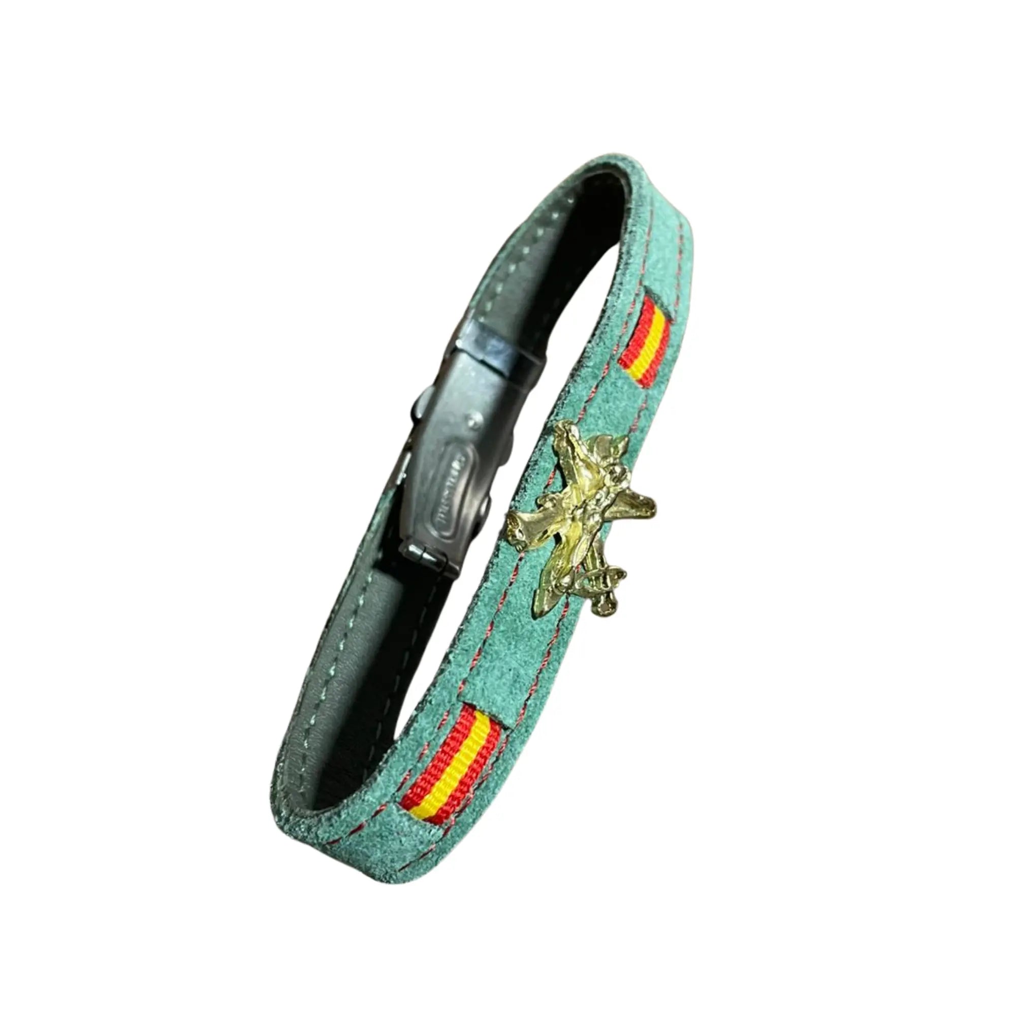 Comprar Lote Legión Española: pulsera de piel Cristo de la Buena Muerte y llavero “Novios de la muerte” La Flamenca de Borgoña Bandera España