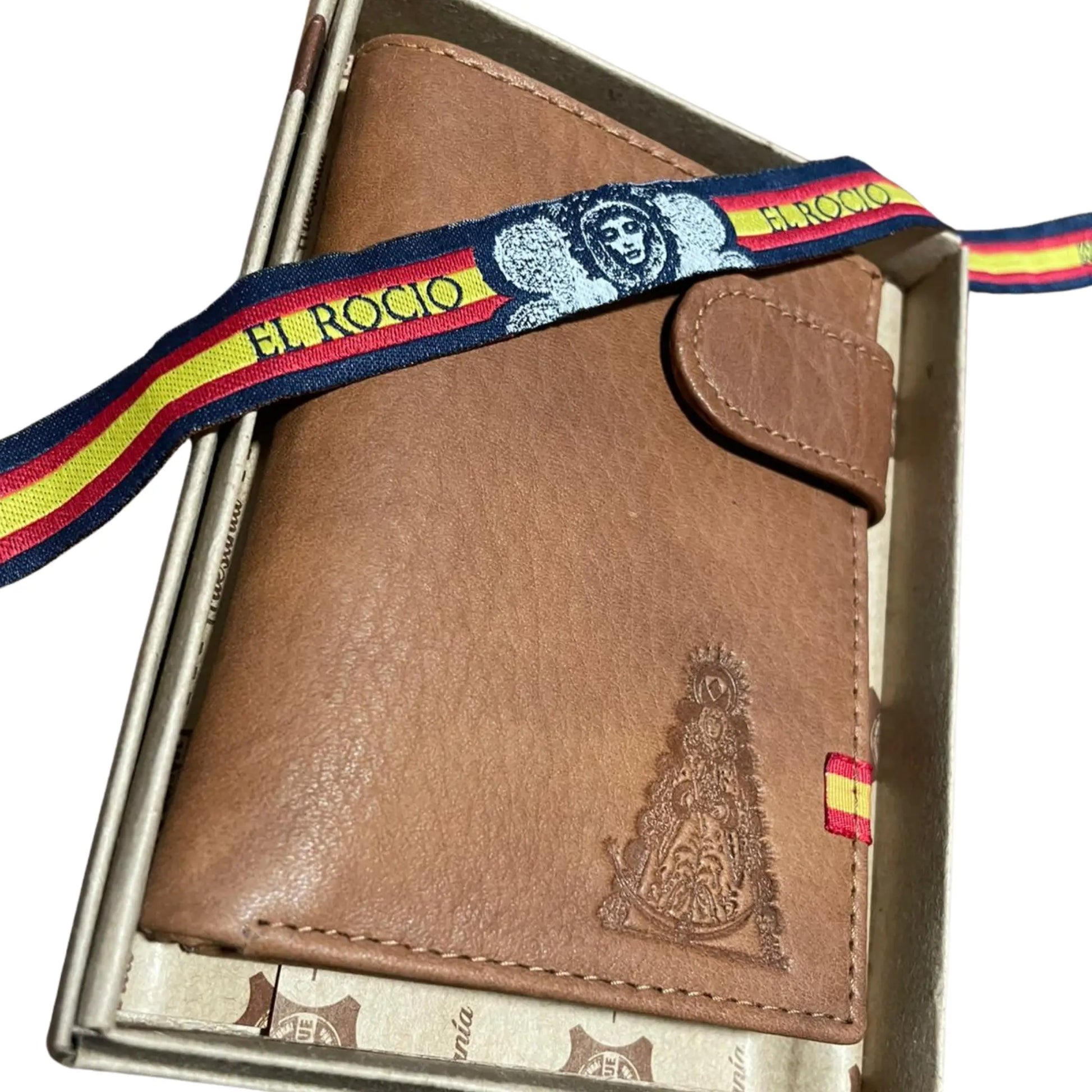 Comprar Lote Virgen del Rocío: cartera de piel y pulsera bandera de España La Flamenca de Borgoña Bandera España