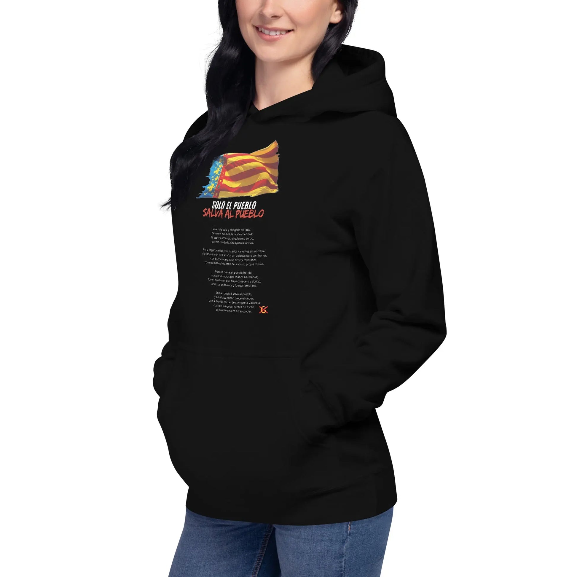 Comprar Sudadera con capucha unisex Valencia (con poema) Bandera España La Flamenca de Borgoña Patricia Muñoz VOX