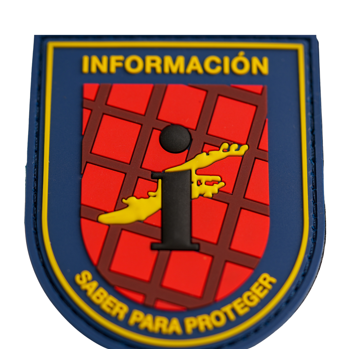 Parche Información «Saber para Proteger» PVC con Velcro — 8 × 6,5 cm