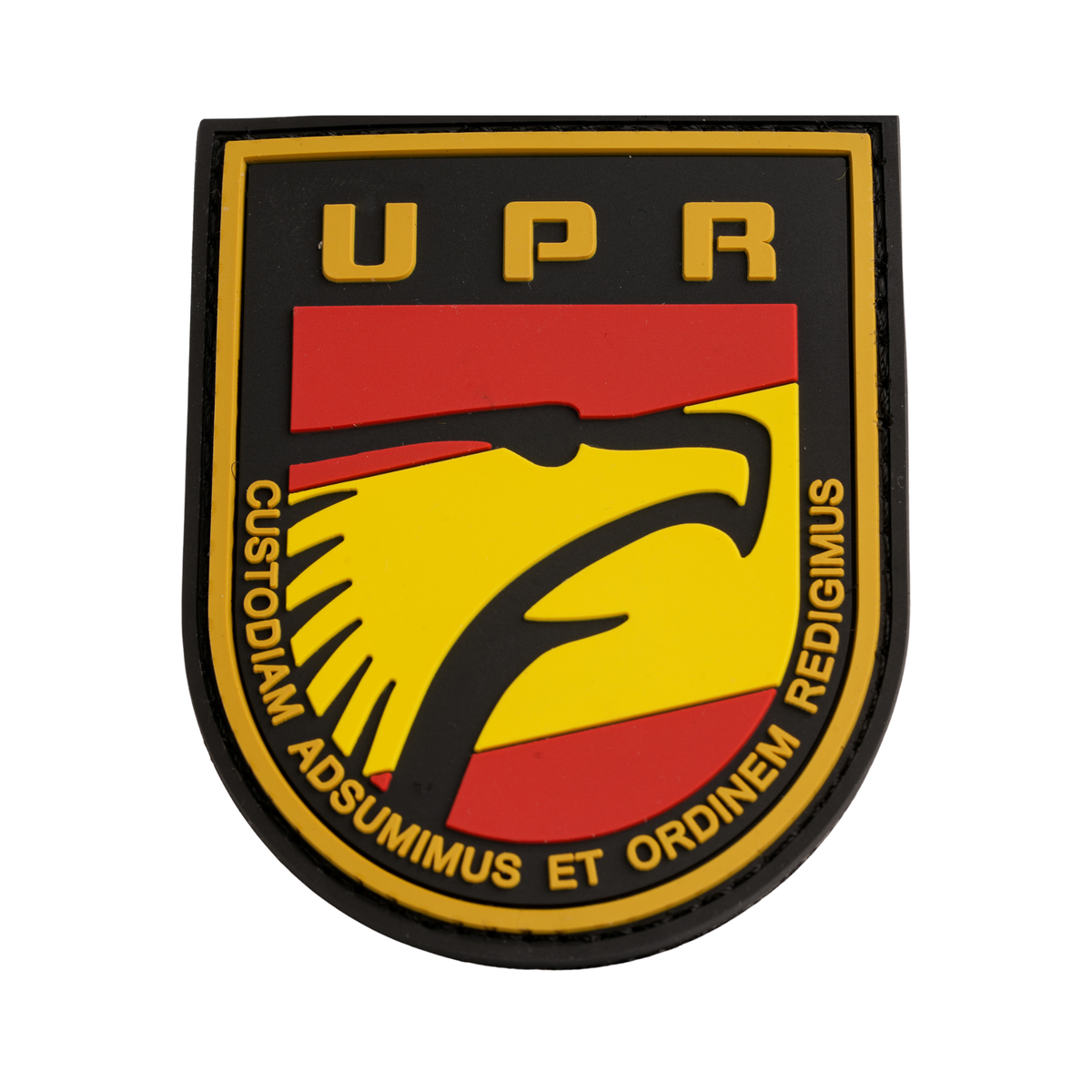 Parche U.P.R. «Custodiam Adsumimus et Ordinem Redigimus» Escudo PVC con Velcro — 8 × 6,5 cm