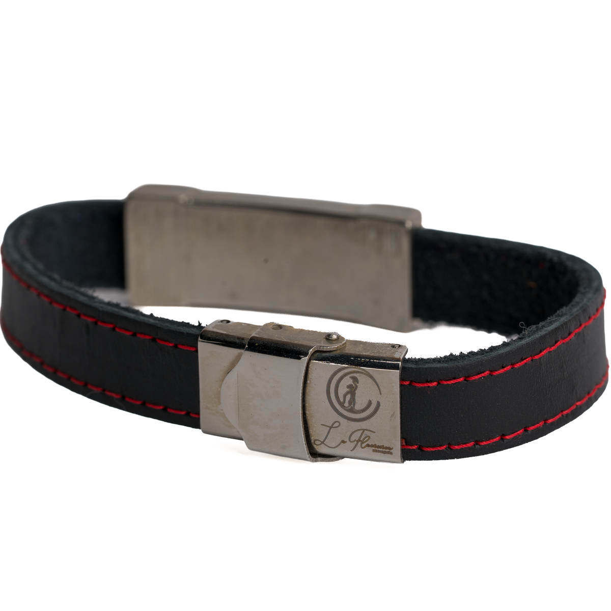 Central enameled leather bracelet with Spanish flag with stitching