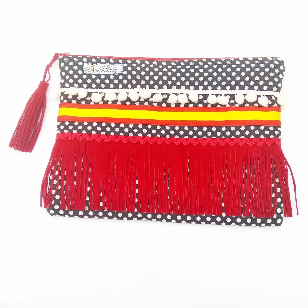 Comprar Bolso de mano Bandera España grande lunares y flecos Bandera España La Flamenca de Borgoña Patricia Muñoz VOX