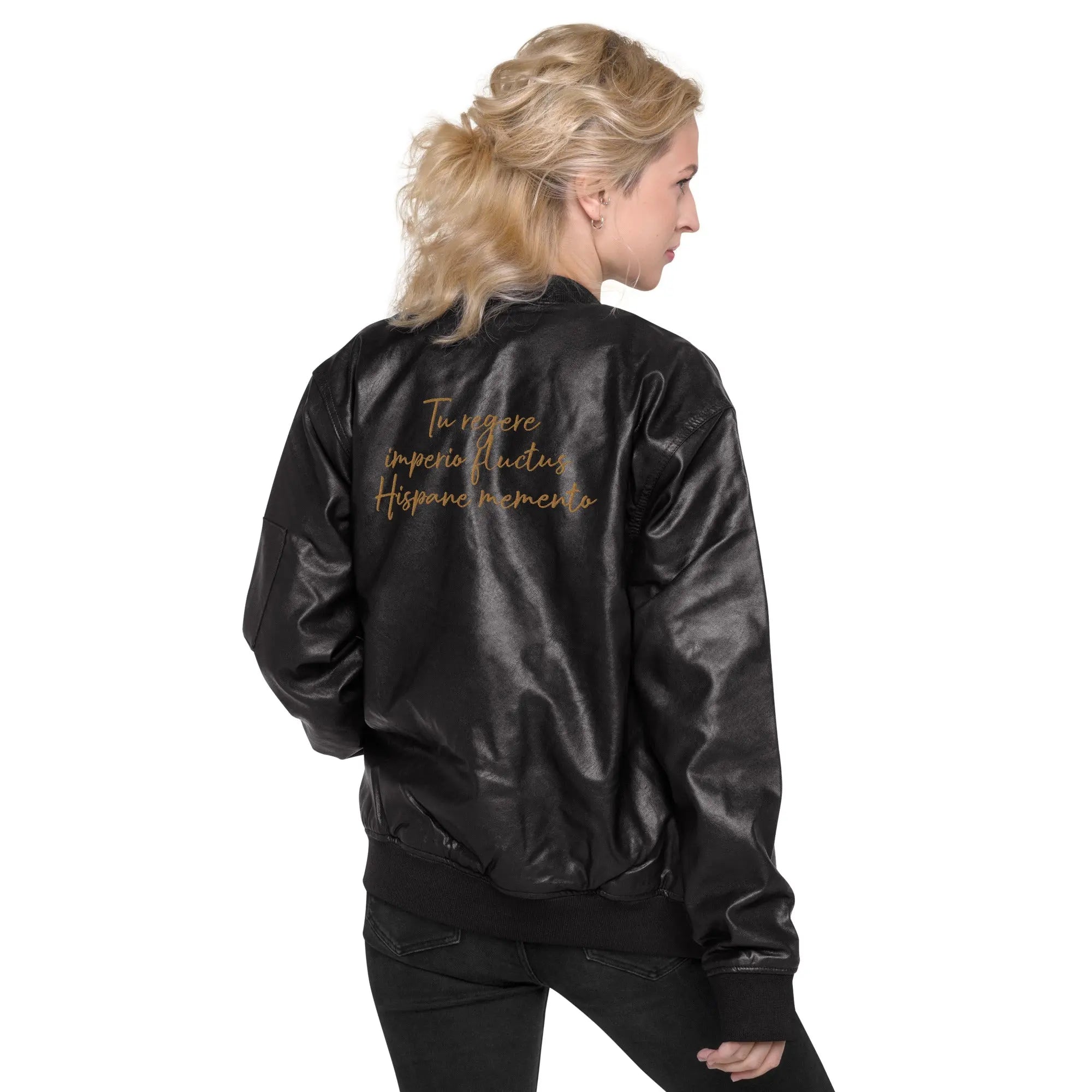 Comprar Chaqueta bomber piel vegana Tu regere imperio fluctus Hispane memento Bandera España La Flamenca de Borgoña Patricia Muñoz VOX