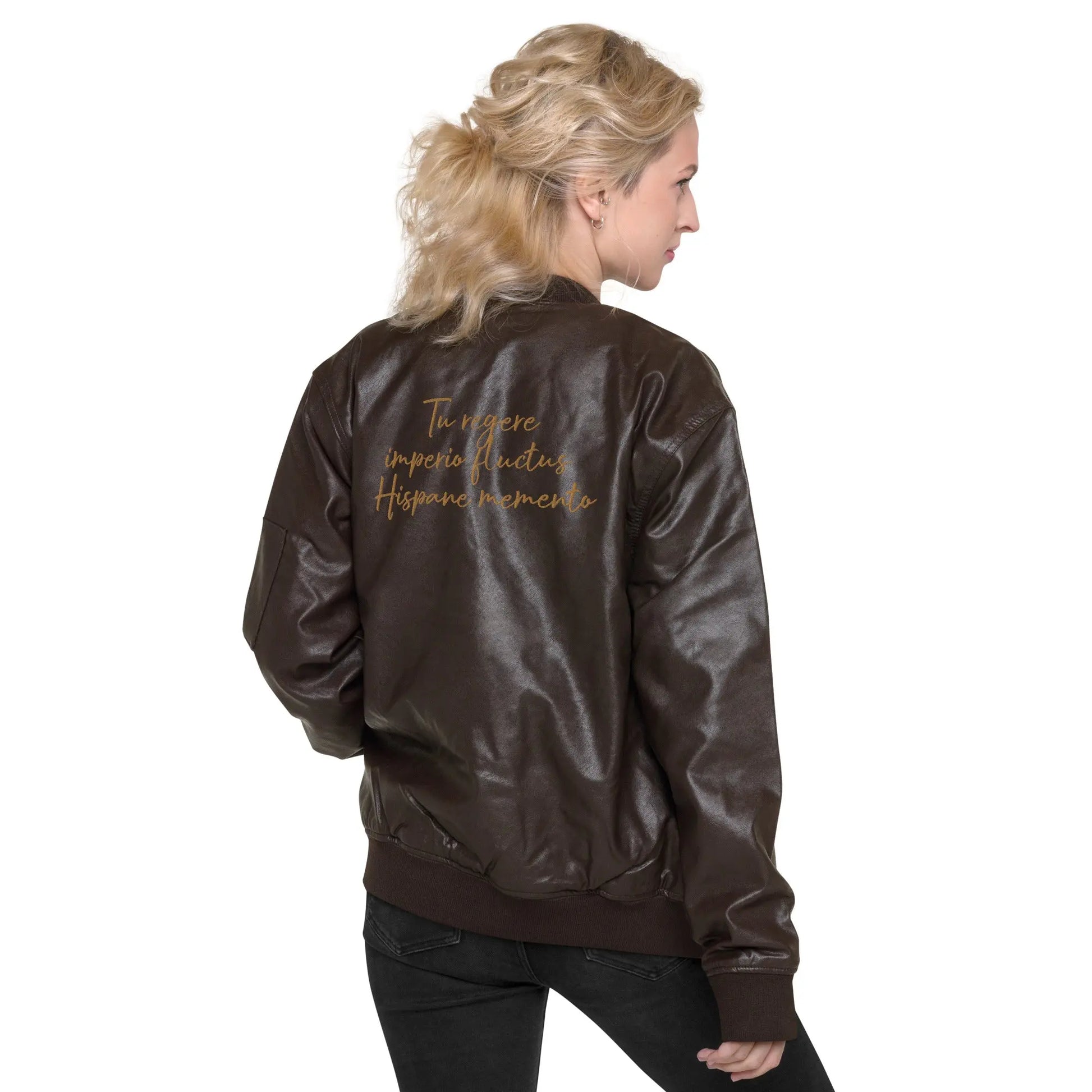 Comprar Chaqueta bomber piel vegana Tu regere imperio fluctus Hispane memento Bandera España La Flamenca de Borgoña Patricia Muñoz VOX