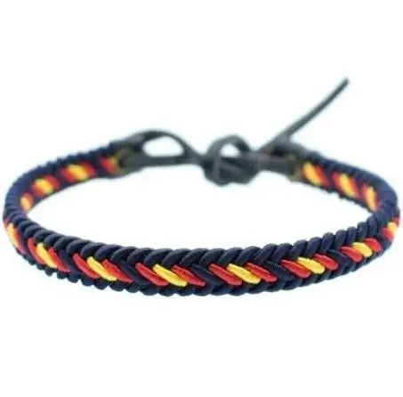Pulsera trenzada bandera España azul nudo cuero La Flamenca de Borgoña Patricia Muñoz VOX